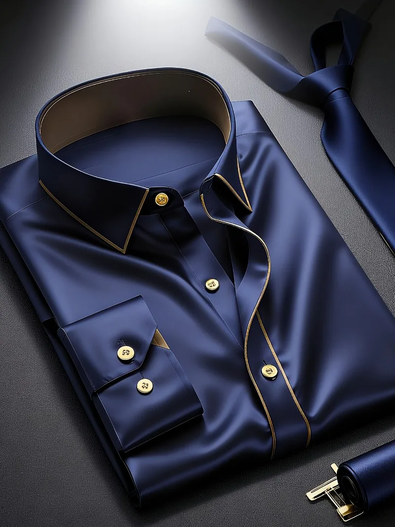 2025 جديد الرجال المرقعة قميص الموضة الفاخرة طويلة الأكمام الذكية عادية أربعة الموسم سهرة رجل مايكرو مطاطا القمصان