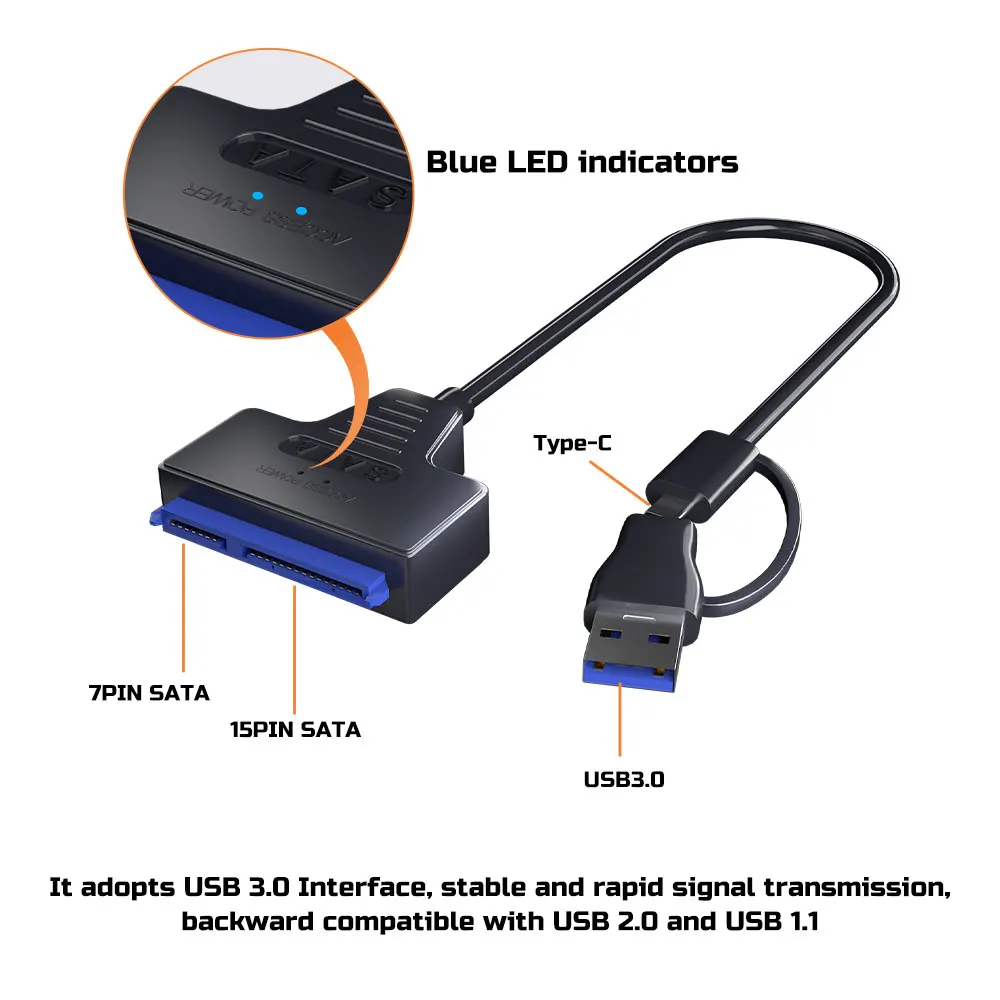 USB 3.0-SATA 케이블, USB-SATA III 드라이버 케이블, 6Gbps 지지대, 2.5 인치 HDD SSD 하드 드라이브, 22 핀 어댑터