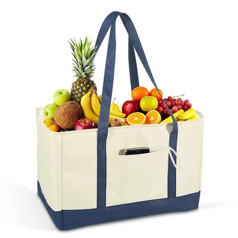 

Reusable Grocery Bags, Collapsible Reusable Shopping Boxes Large Storage Bins, Shopping Tote Bag, Beige And Blue