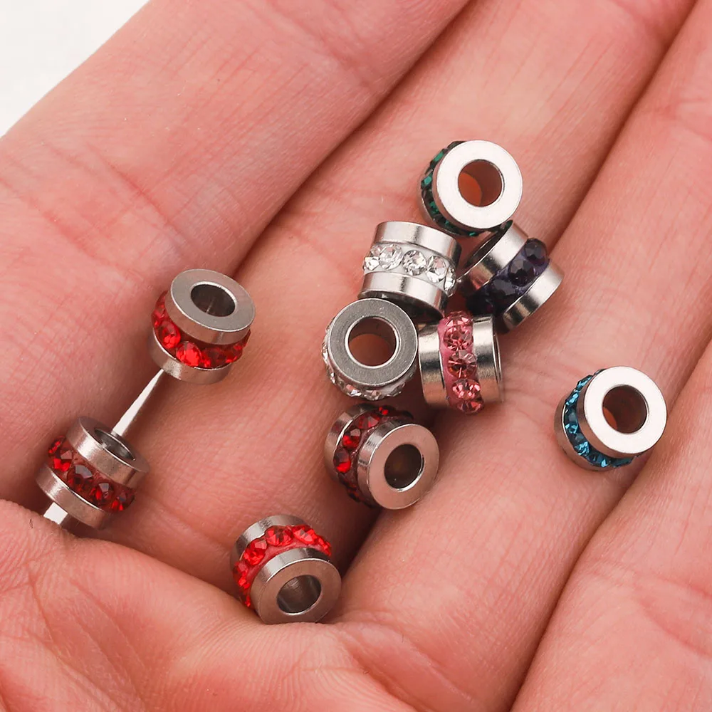 10pcs 6mm 구멍 3mm 지르콘 팔찌 비즈 스테인레스 스틸 매력 느슨한 스페이서 구슬 DIY 팔찌 쥬얼리 액세서리 만들기