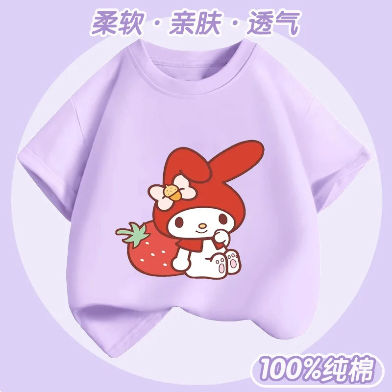 

Hello Kitty Kuromi Anime Kawaii Sanrio Children Short-Sleeved T-Shirt Cute Cartoon My Melody Cotton Summer Clothing Toys for Kid