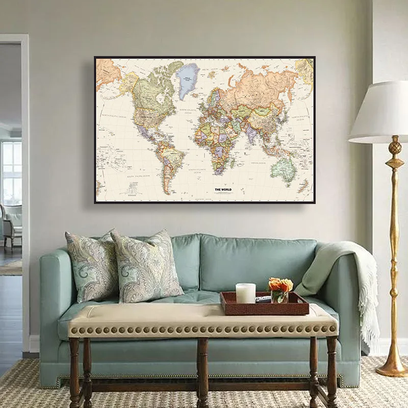 World Map Poster 150*100cm The World Map Poster Retro Non-woven Canvas Painting Wall Art Decorative Hanging Picture Room Office School Supplies