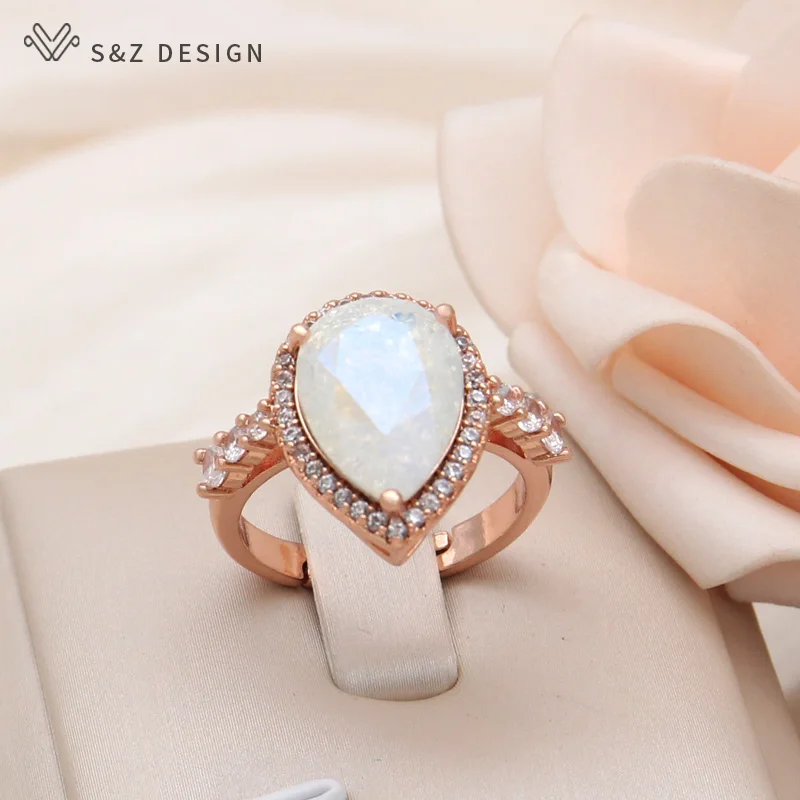 S&Z DESIGN New Fashion Water Drop Ice Crack Crystal Adjustable Rings For Women Luxury 585 Rose Gold Color Cubic Zirconia Jewelry