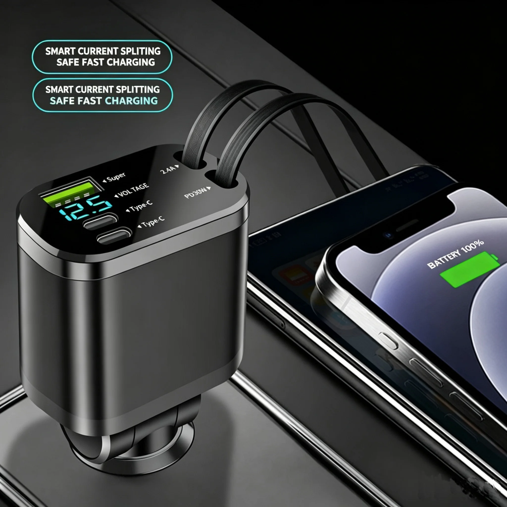 Compact Digital Display Car Charger with Retractable Cable