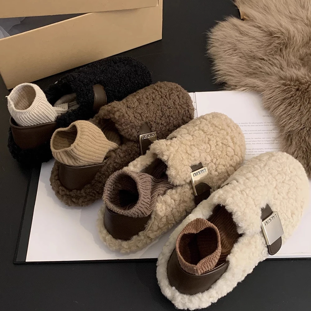 

Sorphio Warm Plush Lined Slippers Casual Buckle Strap Detailed House Shoes Comfortable Indoor Home Slippers