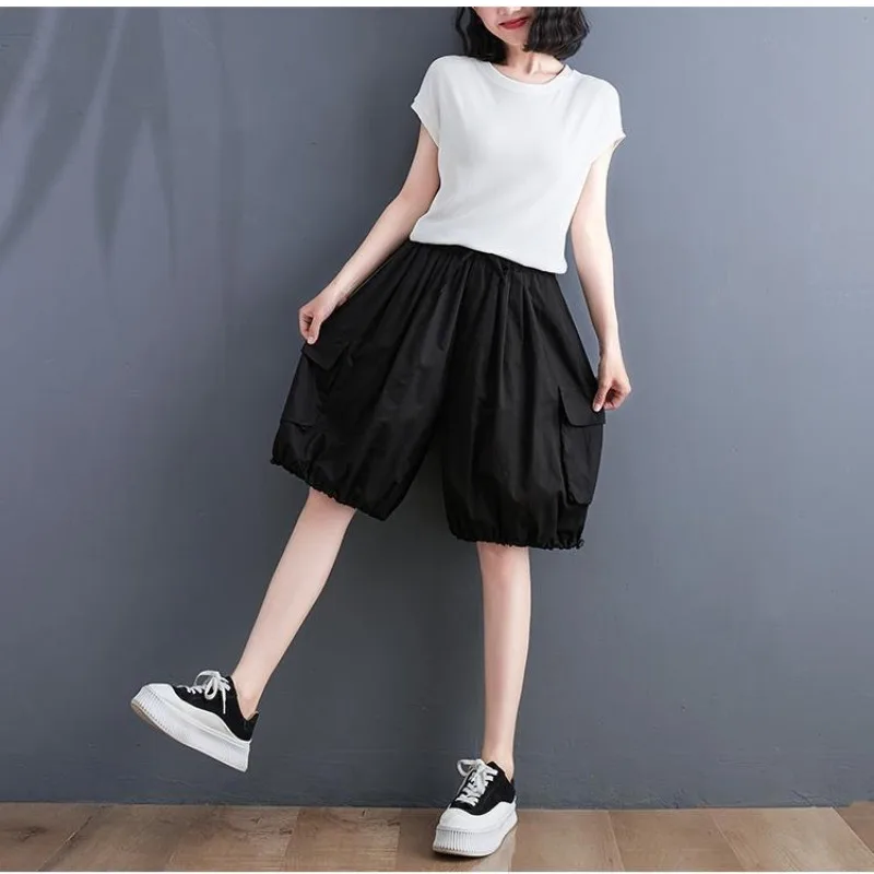 Women's Lantern Shorts Summer New Korean Commute Solid Color Patchwork Loose Drawstring Pocket Straight Casual Knee Length Pants