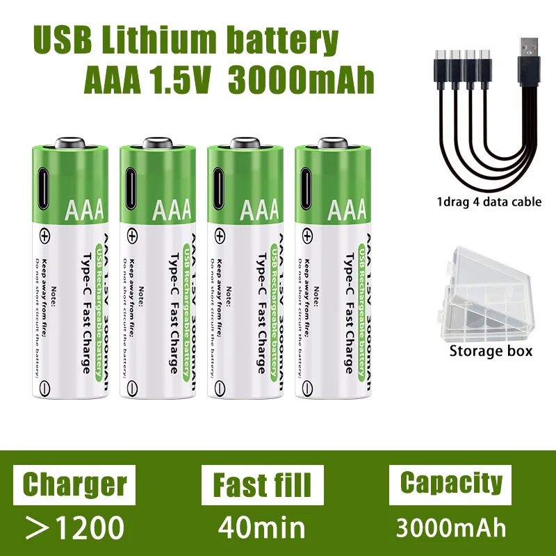 AA/AAA Rechargeable Battery 3000mAh/3800mAh Lithium Battery 1.5V Constant Voltage Fast Charging Type-C For Remote Mouse Toy Ect 2