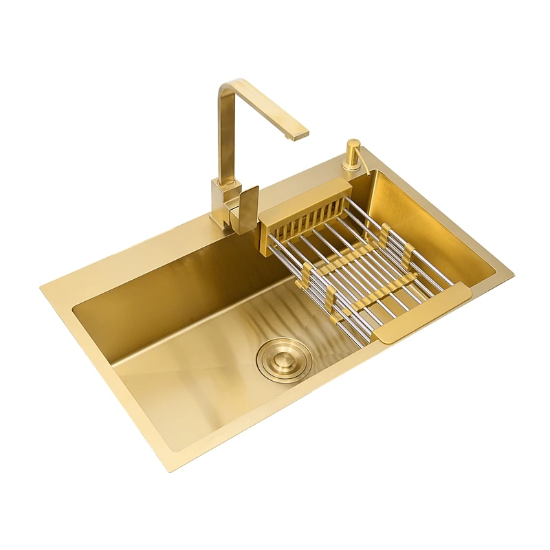 Brushed Gold Single Sink Bowl 30 Inch 9 Gauge Kitchen Sink Sus304 Stainless Steel Kitchen Towel Undermount Basket Strainer