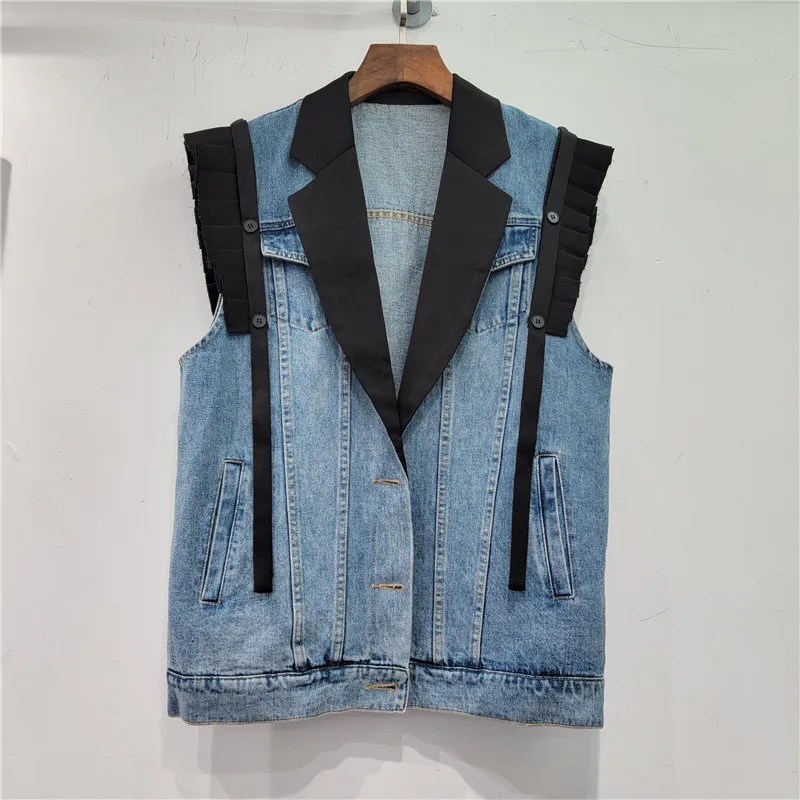 2024 Spring Summer New European Style Suit Collar Patchwork Denim Vest Jacket Women Pleated Ruffled Cuffs Loose Fitting LX002