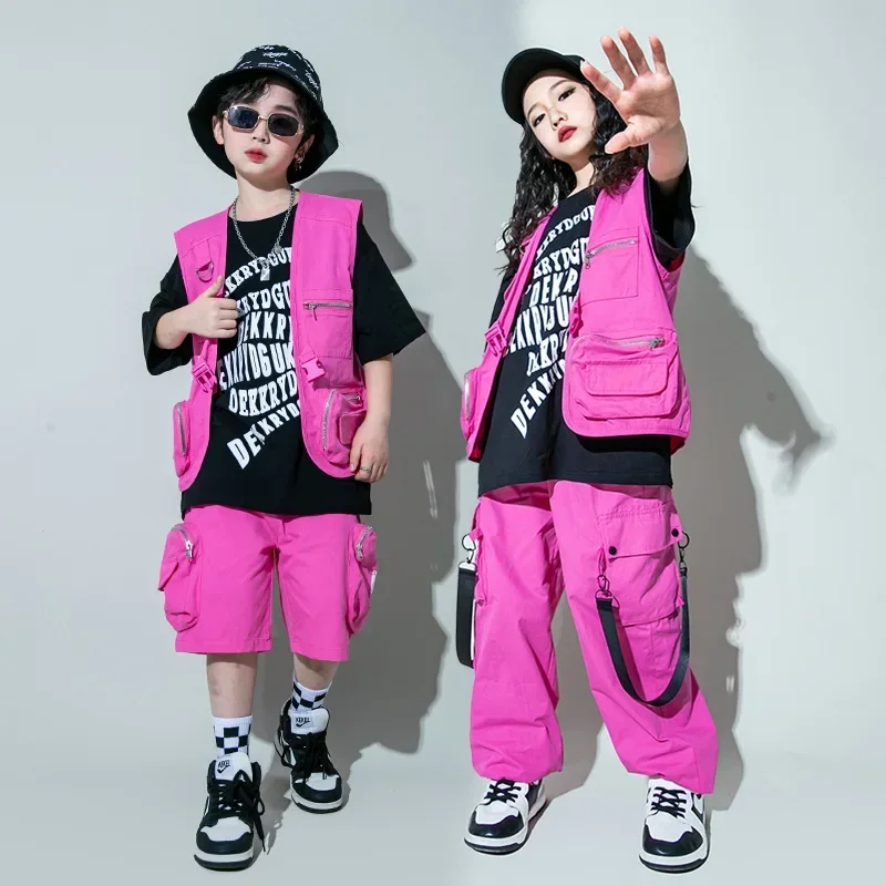 

Шорты для девочек и мальчиков, костюм для джазовых танцев, одежда, детская одежда в стиле хип-хоп, куртка без рукавов с розой, жилет, повседневные штаны-карго на бретелях для бега