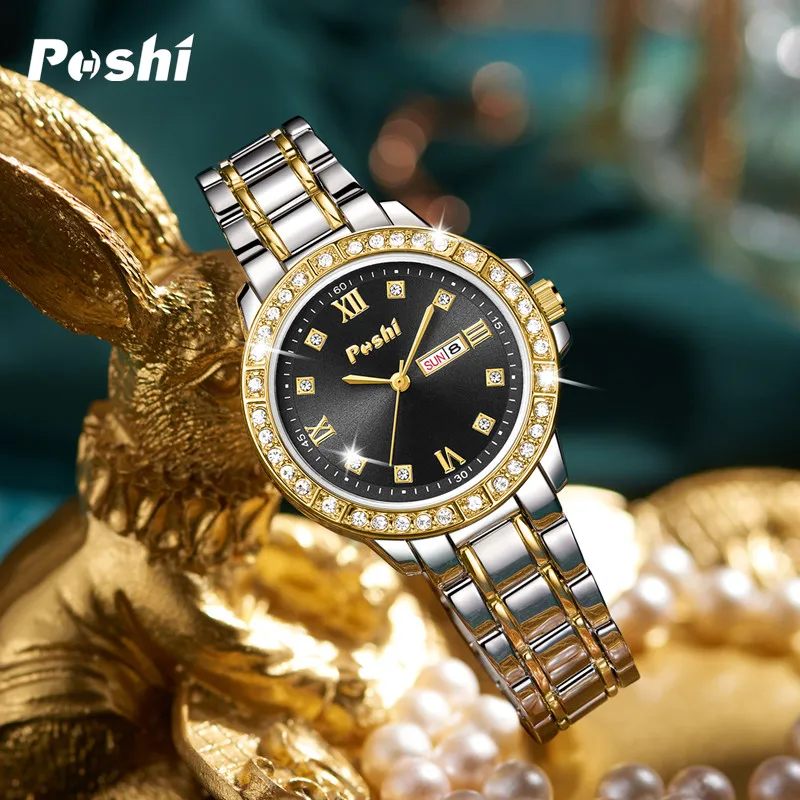POSHI Quartz Watch for Women Alloy Strap Causal Ladies Wristwatch with Date Week Fashion Elegant Bracelet Waterproof Gift 5