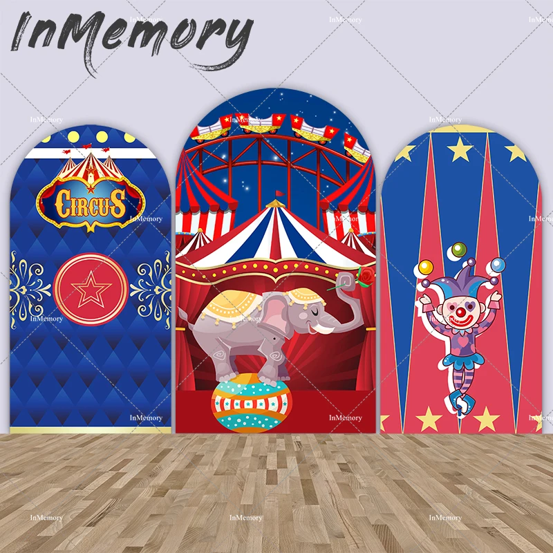 

Carnival Circus Tent Kids Birthday Arch Wall Backdrop Covers Blue and Red theme Animals Elephant Baby Shower Background