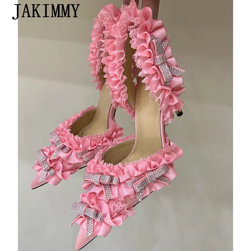 

Designer New High Heel Shoes Woman Pointy Toe Lace Bow Knot Slingback Dress Shoes Summer Fashion Party Wedding Shoes For Women
