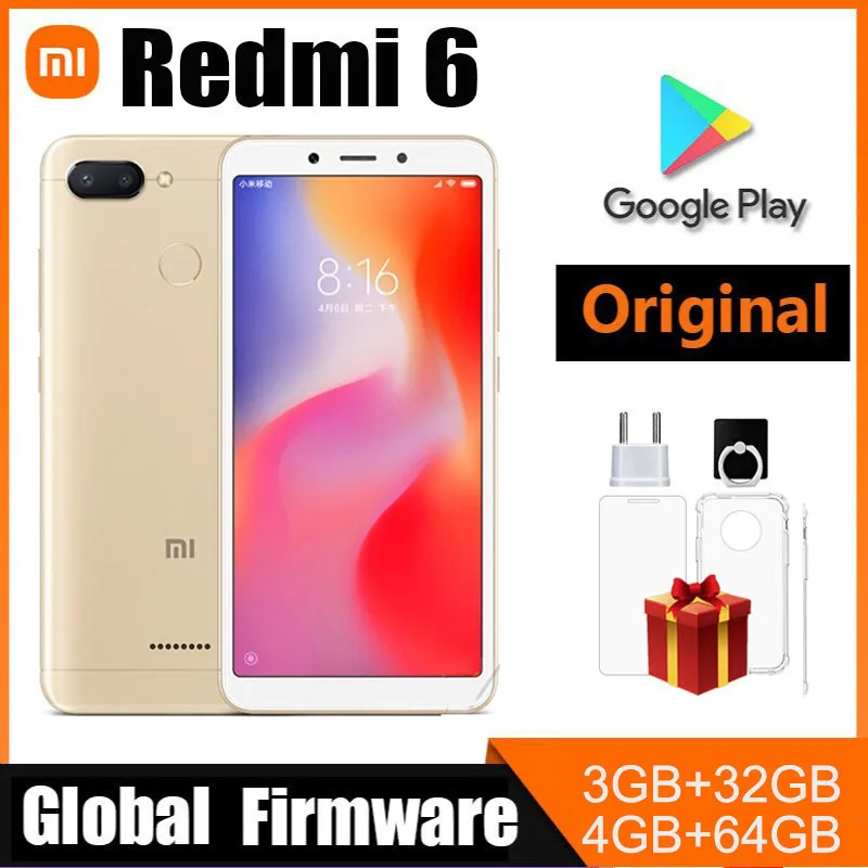 Смартфон Xiaomi Redmi 6, глобальная прошивка, полный экран 5,45 дюйма, с googleplay мобильный телефон AI, задняя камера 12 МП