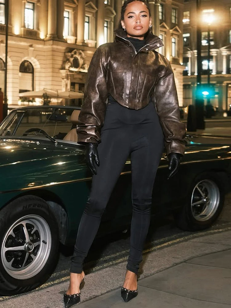 Nibber Hottie Crop Jacket Women Turtleneck Pu Irregular Zip Button Full Sleeve Wild Sexy Street Midnight Autumn Hipster Coat