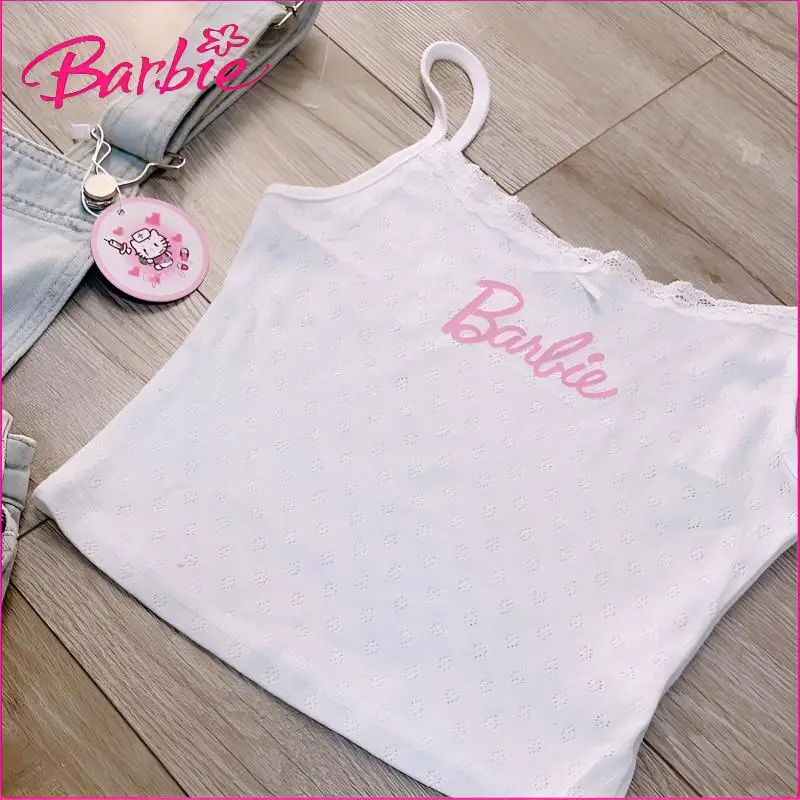 

Barbie Girls' Lace Panelled Vest Ashion Sexy Slim Ladies Camisole Top Embroidered Short Fit Underlay Fashion Short Sleeve