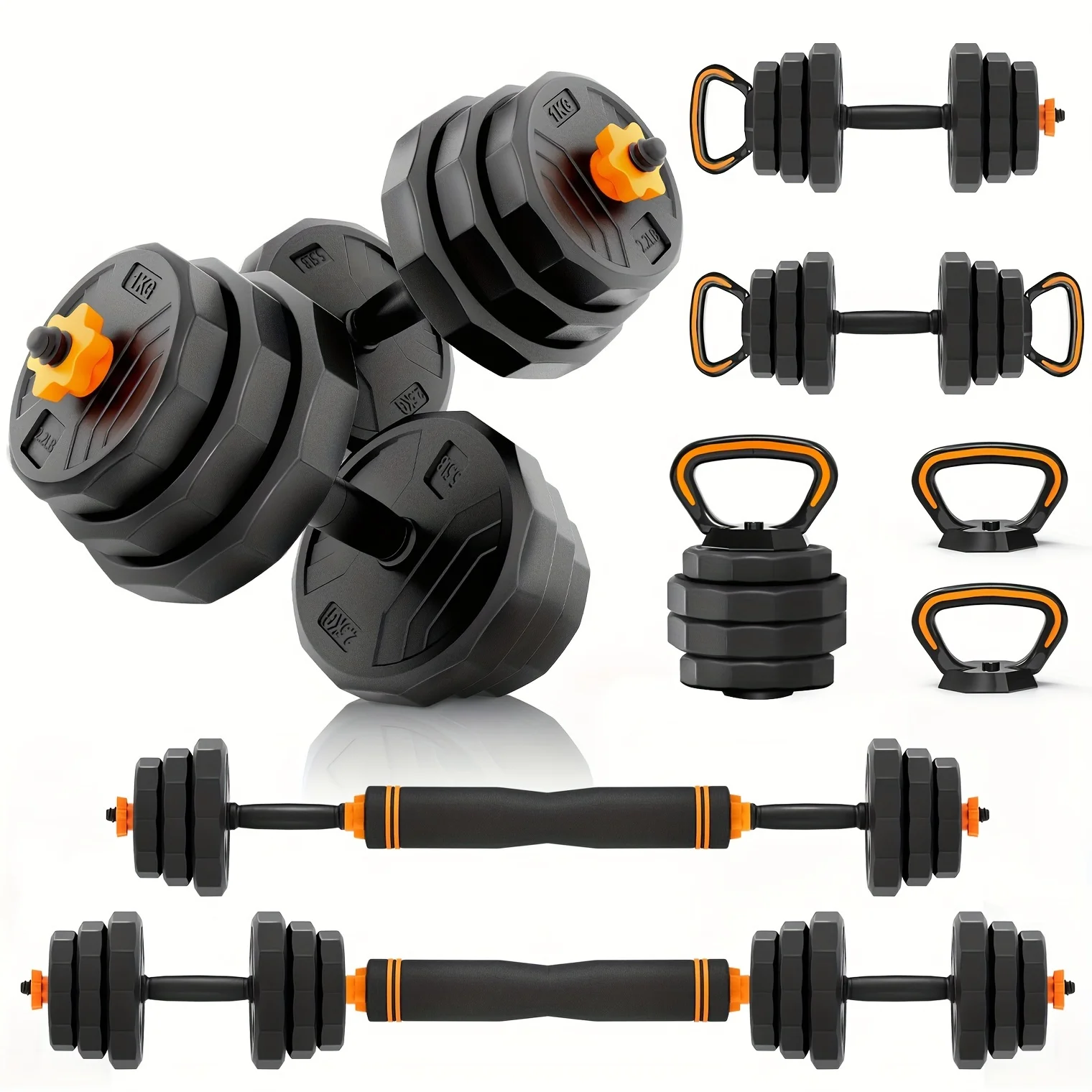 

Adjustable Weight Dumbbell Set - 4 in 1 Free Weight Set with Connector - Dumbbells, Barbells, Kettlebells, Push-Up Bars for Full