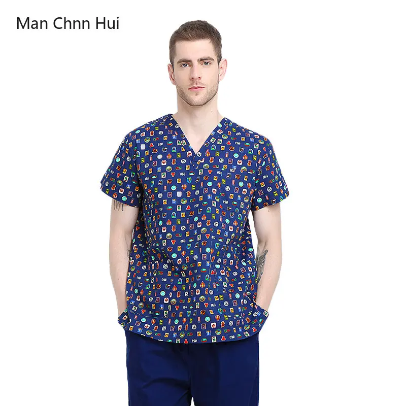 

Scrubs Medical Uniform Men Pure Cotton Surgical Costume Hospital Operating Room Working Clothes Lab Coat Pet Shop Print Overalls