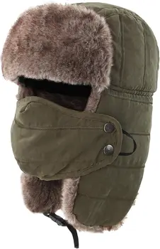 Men's Trapper Hat with Ear Flaps and Removable Face Mask Warm Winter Hunting Hat Faux Fur Lined for Outdoor Sports