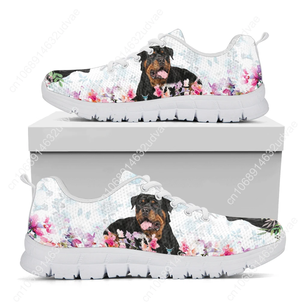 New Rottweiler Design White Soft Sole Casual Sneakers Floral Print Lace Up Sneakers Animal Shoes Zapatos Planos