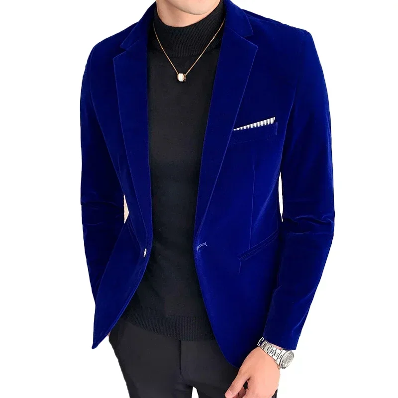 Mens Blazer Gold Velvet Formal Business Men's Slim Blazer Social Groom Wedding Show Stage Party Suit Jacket