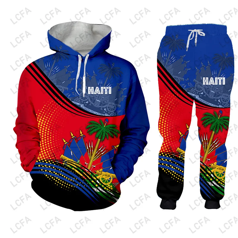 Emblem Flag Caribbean Sea Haiti Island Retro Hoodies Jacket Tracksuit Men 3D Print Pants CUSTOM Sweatshirt Unisex Clothes 3