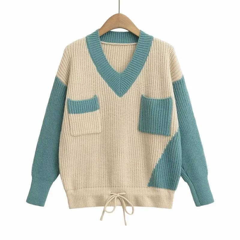 Autumn Fashion New Long-sleeved Women's V-neck Splicing Sweater Knitted Loose Women's Lace-up Office Pullovers Shirt