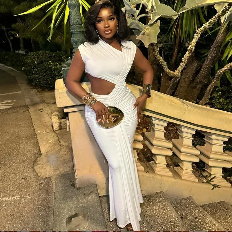 Ruffles High Split Nightclub Party Slim Bodycon 2025 Summer Elegant Long Maxi Dress
