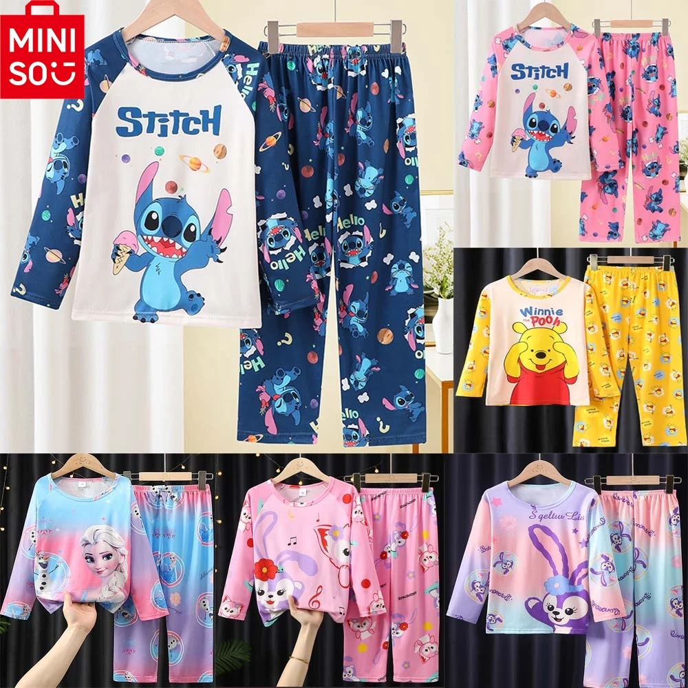 Pijamas MINISO Disney para niños, conjuntos de pijamas de manga larga, princesa Frozen Elsa Winnie the Pooh, ropa para niños, Pijamas para niñas pequeñas