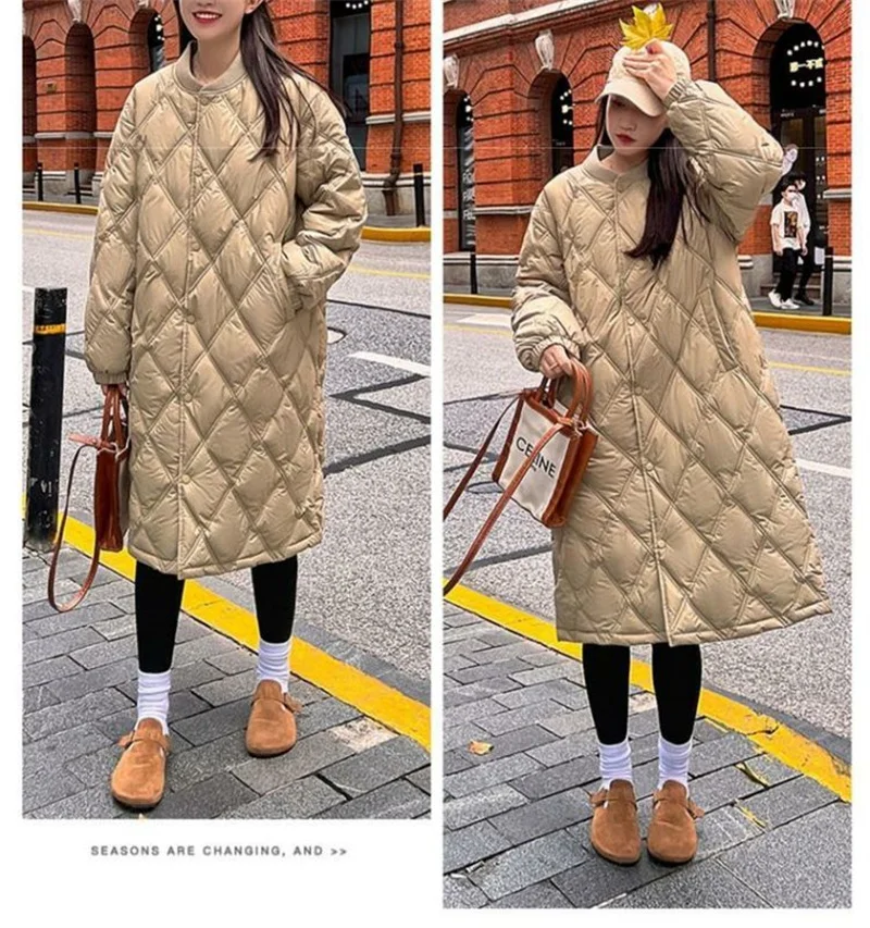 2025 Autumn Winter New Down Cotton Jacket Women's Long Over Knee Loose Jacket Diamond Grid Quilted Jacket Fake Two-Piece Parka