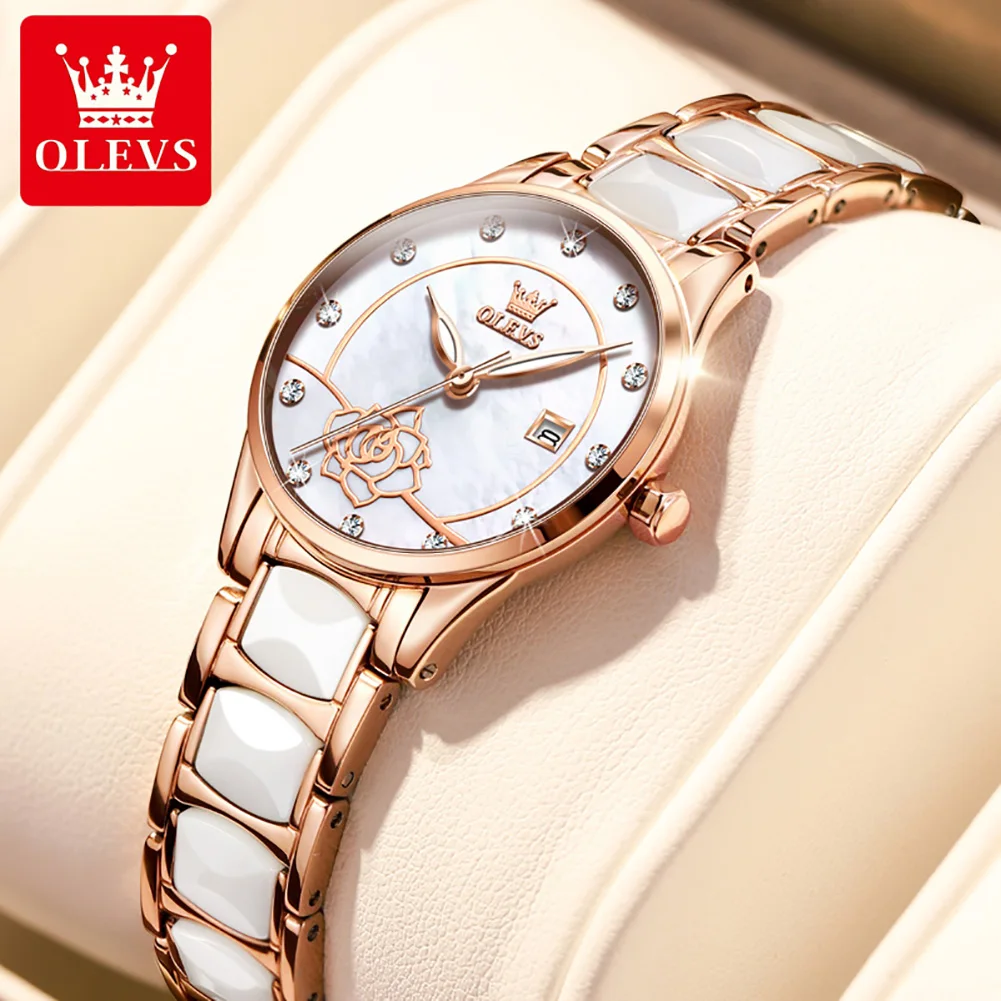 

OLEVS 3606 Fashion Quartz Watch Gift Ceramic Watchband Round-dial Calendar Luminous