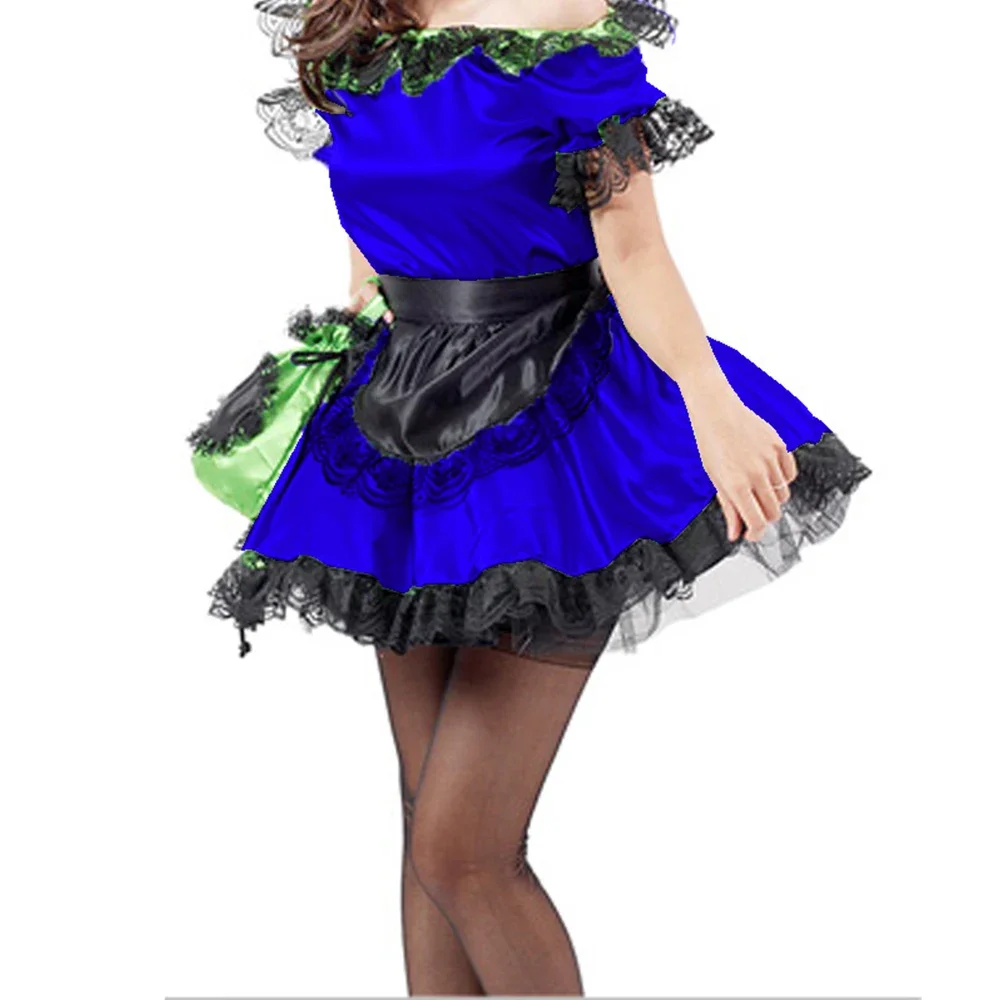 PU Leather Black Lace Trim Maid Lolita Sets Apron Boat Neck Short Sleeve Skintight Short Dress Carnival Halloween Costumes