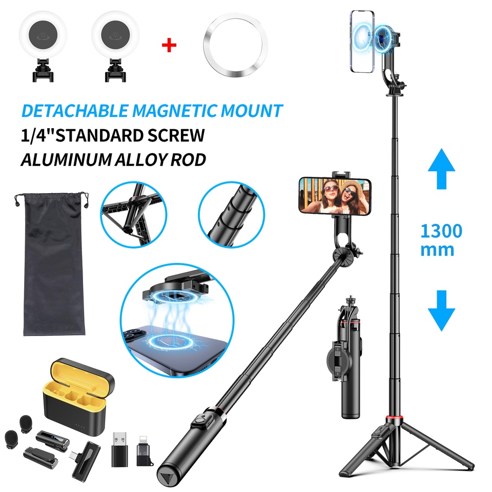 1300mm Magnetic Selfie Stick Detachable Phone Holder Portable Tripod for Phone Wireless Selfie Stick Tripod with Remote Control