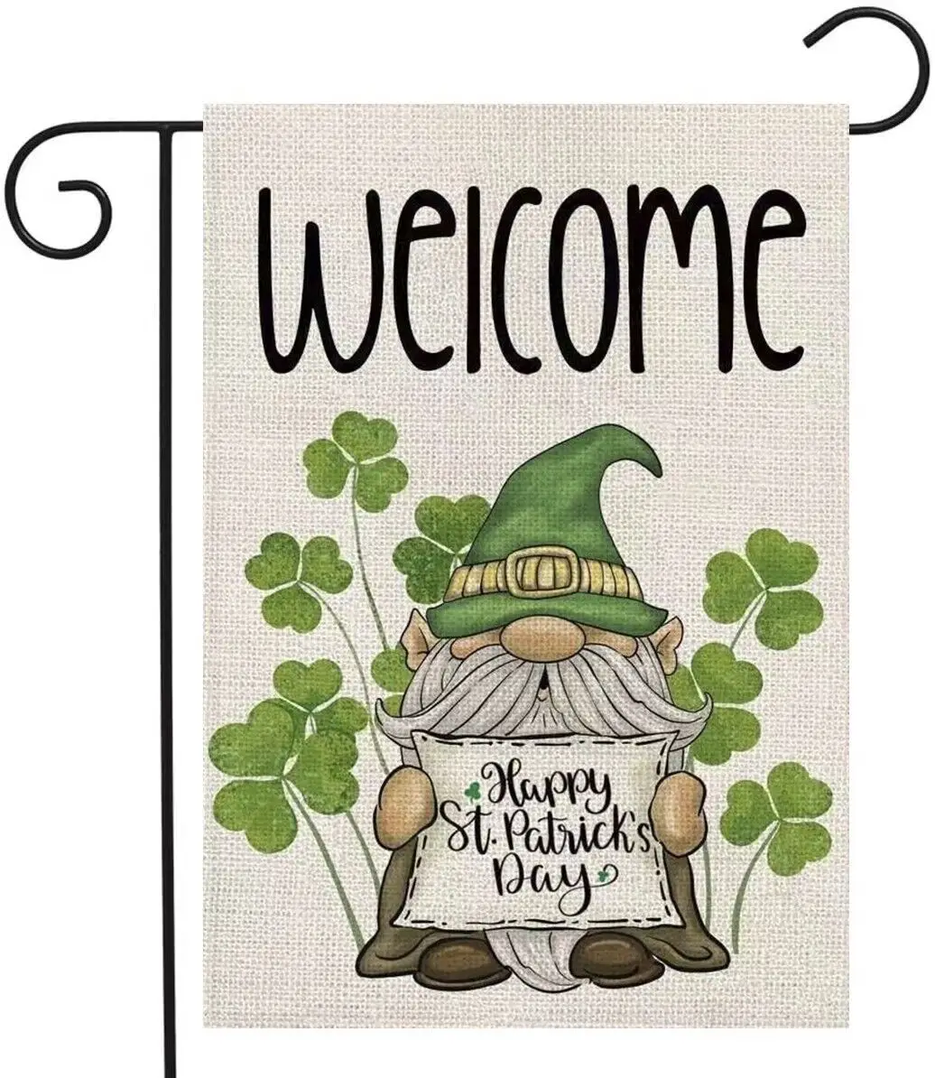 

St Patricks Day Green Gnome Shamrocks Garden Flag 12x18 Double Sided Decoration Outdoor Seasonal Décor Yard Holiday Flag Burlap