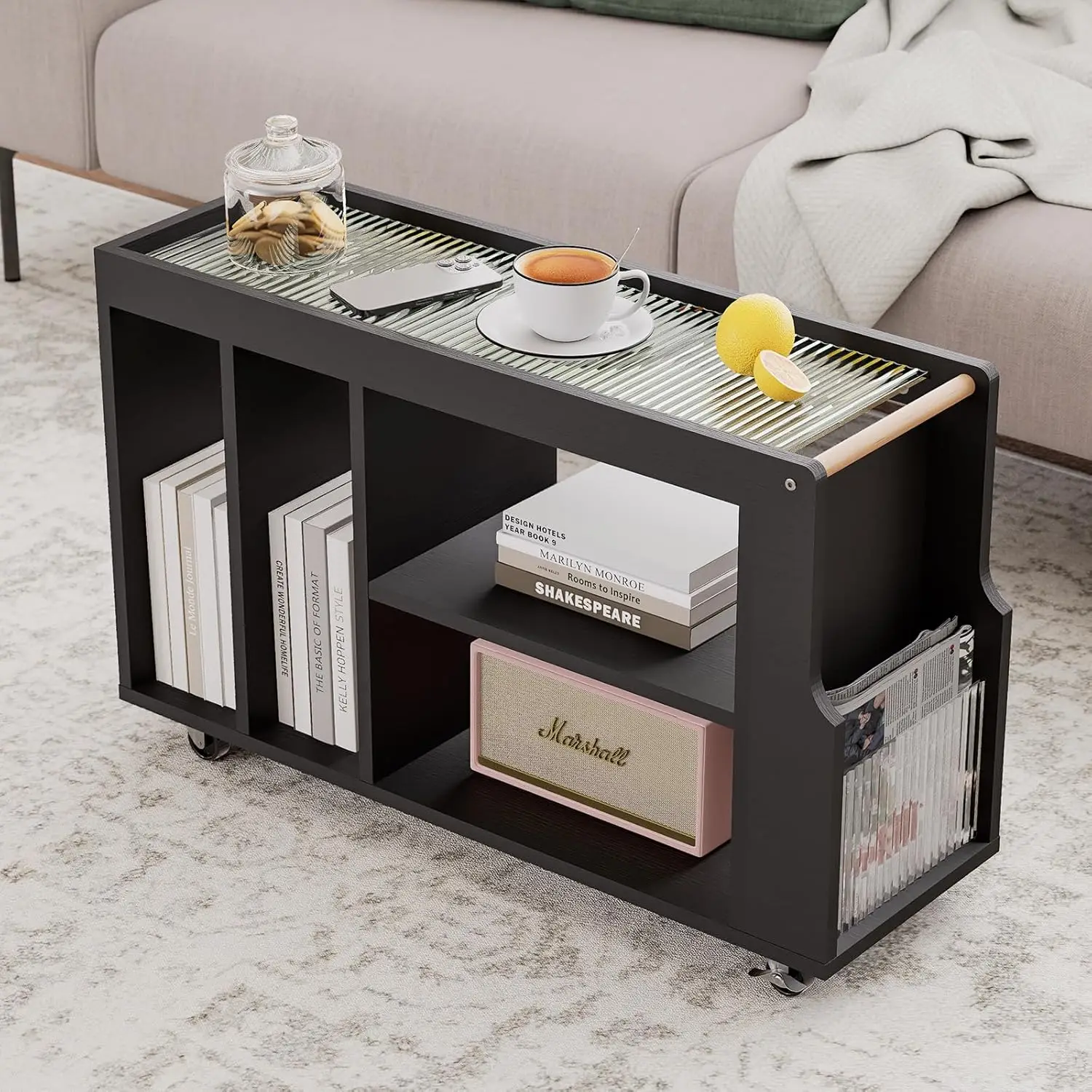 Narrow Side Table with Wheels for Small Spaces, Slim End Table with Magazine Rack & Storage Space, Thin Nightstand