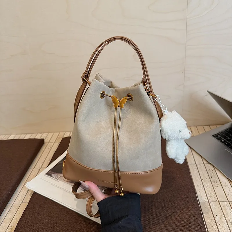 Women Faux Suede Drawstring Crossbody Purse with 2 Strap Medium Tote Bag for Travel Shopping Daily Use