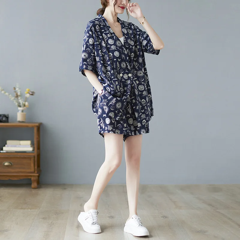 2 Piece Sets Summer New Large Size Fashion Slimming Women's Cotton and Hemp Art Top Shorts Suit Set Vintage Blazers Suits Women'