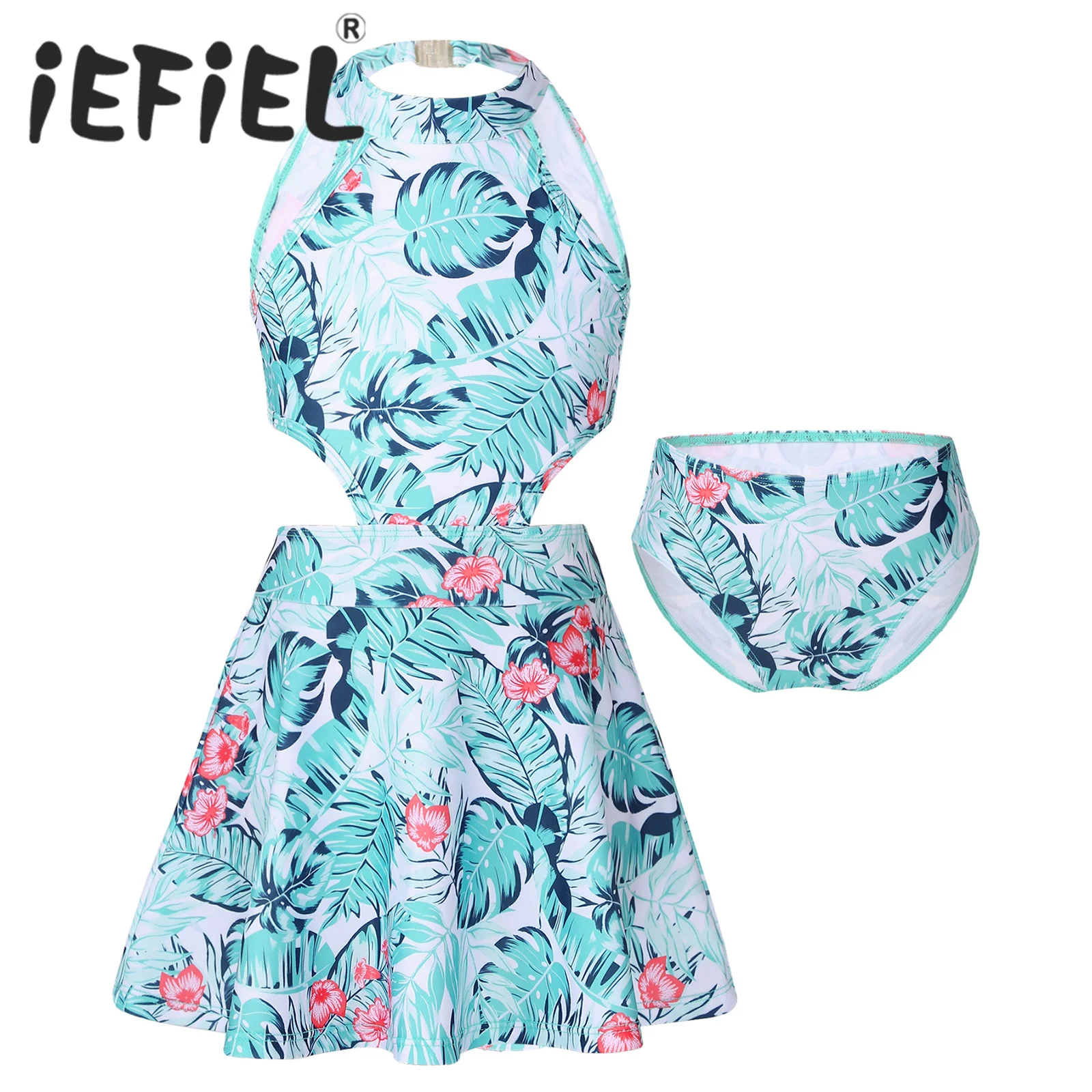 

Kids Girls Swimwear Swimsuits Beachwear Set Sleeveless Keyhole Back Plants Print Hollow Out Swimming Dress with Briefs Underwear