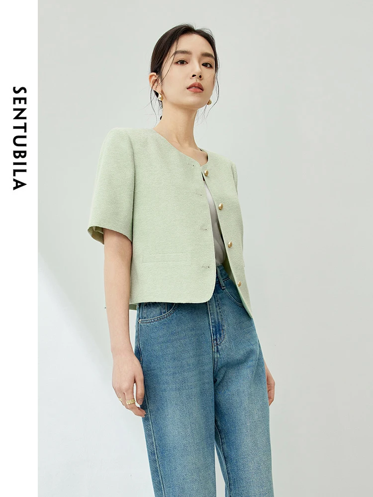 

SENTUBILA Elegant Cropped Tweed Jacket Women 2024 Summer Round Neck Single Breasted Comfort Short Sleeve Loose Coat 141W53698