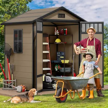 6x4.4 FT Resin Storage Shed with Fence-Style and Side Windows, 1