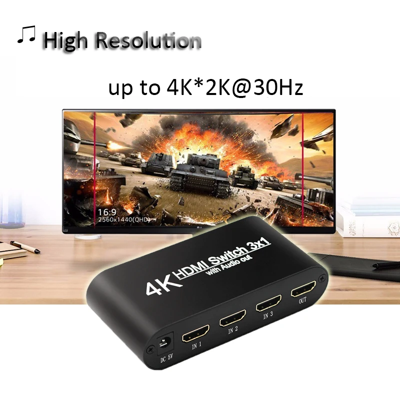 HDMI Switch 4K HDMI Switcher 3x1 3 to 1 1080P HDMI TO Audio Extractor with Remote Audio SPDIF Out for TV PC Projector Camera