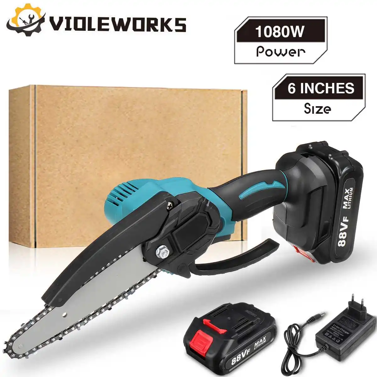 1500W 20V 6 Inch 88VF Electric Mini Chain Saw 0/1/2PCS Battery One-handed Saw Woodworking Tool For 18V Battery EU Plug