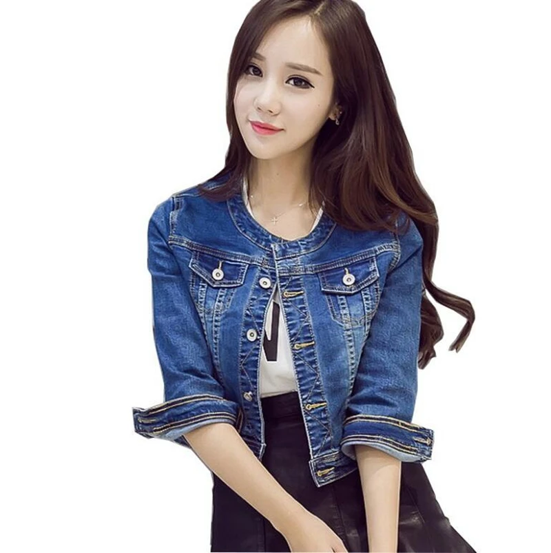 

Autumn Women Denim Jackets Round Collar Basic Cropped Denim Jacket Trendy long Sleeve Jeans Blue Bomber Short Jean Coat Tops
