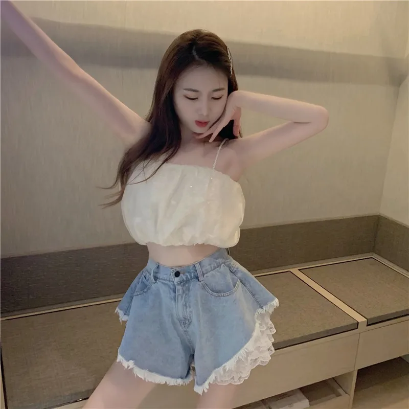 Summer Women Sweet High Waist Shorts Harajuku Sexy Punk Hip Hop Denim Short Pants Female Streetwear LolitaLace Jeans Kawaii Cute