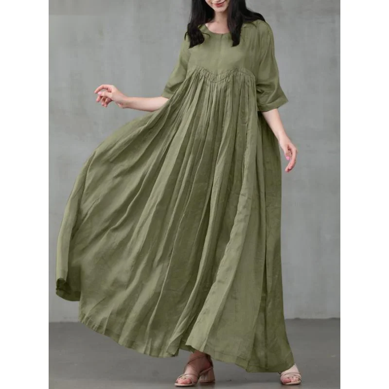 

Женское платье из хлопка и льна, повседневное свободное однотонное платье с круглым вырезом, лето 2023