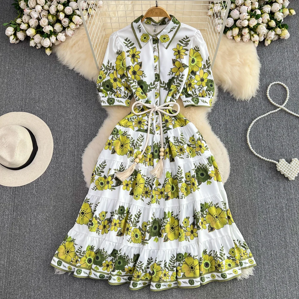 

Banulin Runway Fashion Summer Bohemian Dress Women's Lapel Green Flowers Printed Belt Loose Holiday Pleated Party Vestidos