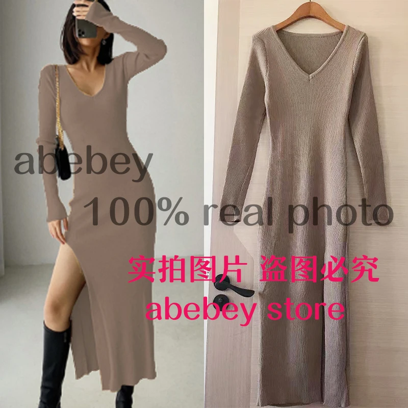 spring and winter sexy French slit sweater dress female slim tight-fitting hip-knit over-the-knee dresses wedding guest dresses Dresses