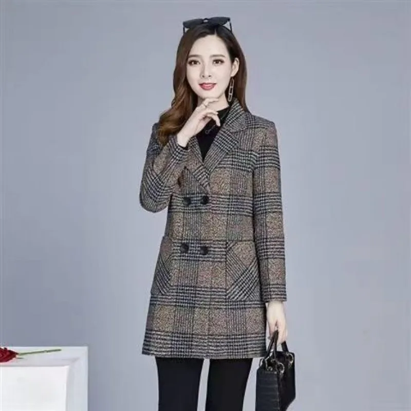 Vintage Plaid Tweed Blazer Tweed Jacket Women Clothing Long Sleeve Autumn Windbreaker Pocket Korean Chic Slim Outerwear Mujer