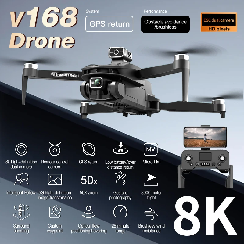 NewV168DroneProfessinalThreeCamera8KWideAngleOpticalGPSLocalizationFourwayObstacle