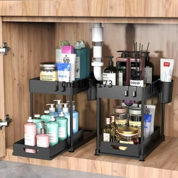 Organizer sottolavabo in plastica a 2 livelli, cestino scorrevole per bagno e cucina - Nero 1